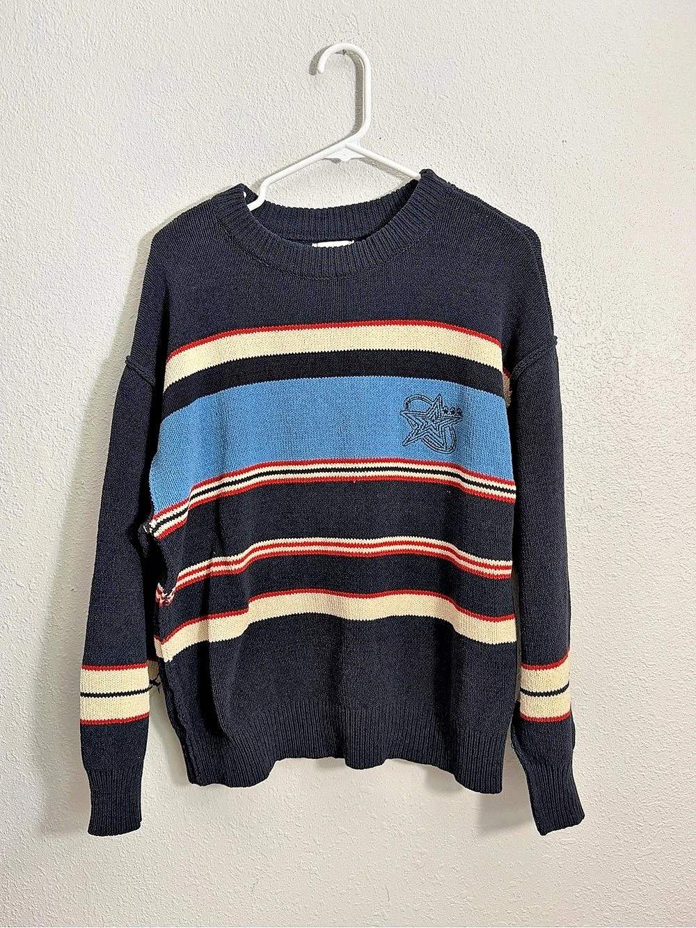 BDG Sully Star Stripe Pullover Sweater Black & Blue Size XS